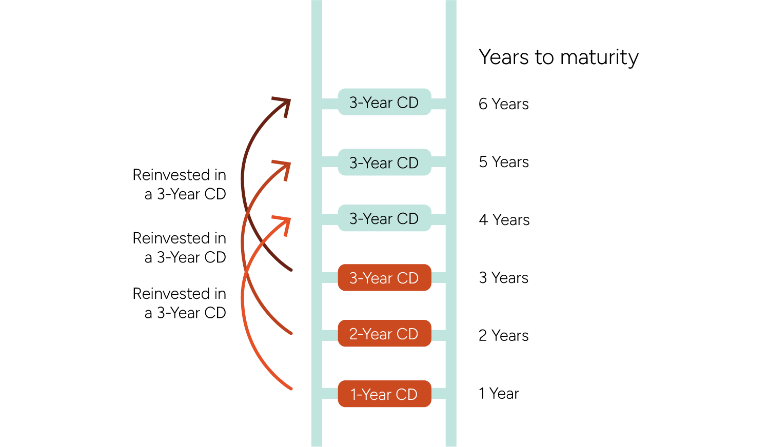 CD laddering infographic showing staggered maturity dates for certificates of deposit.