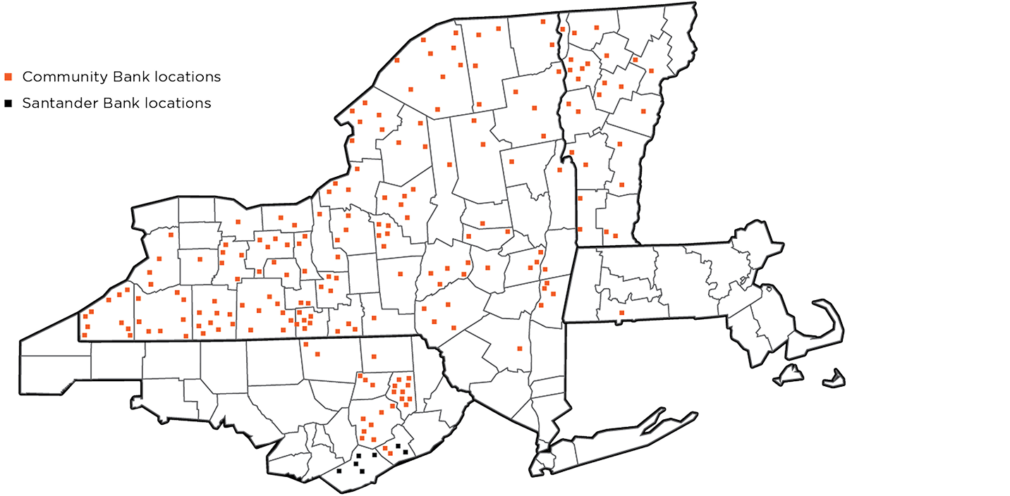 Map of Community Bank and Santander Bank locations