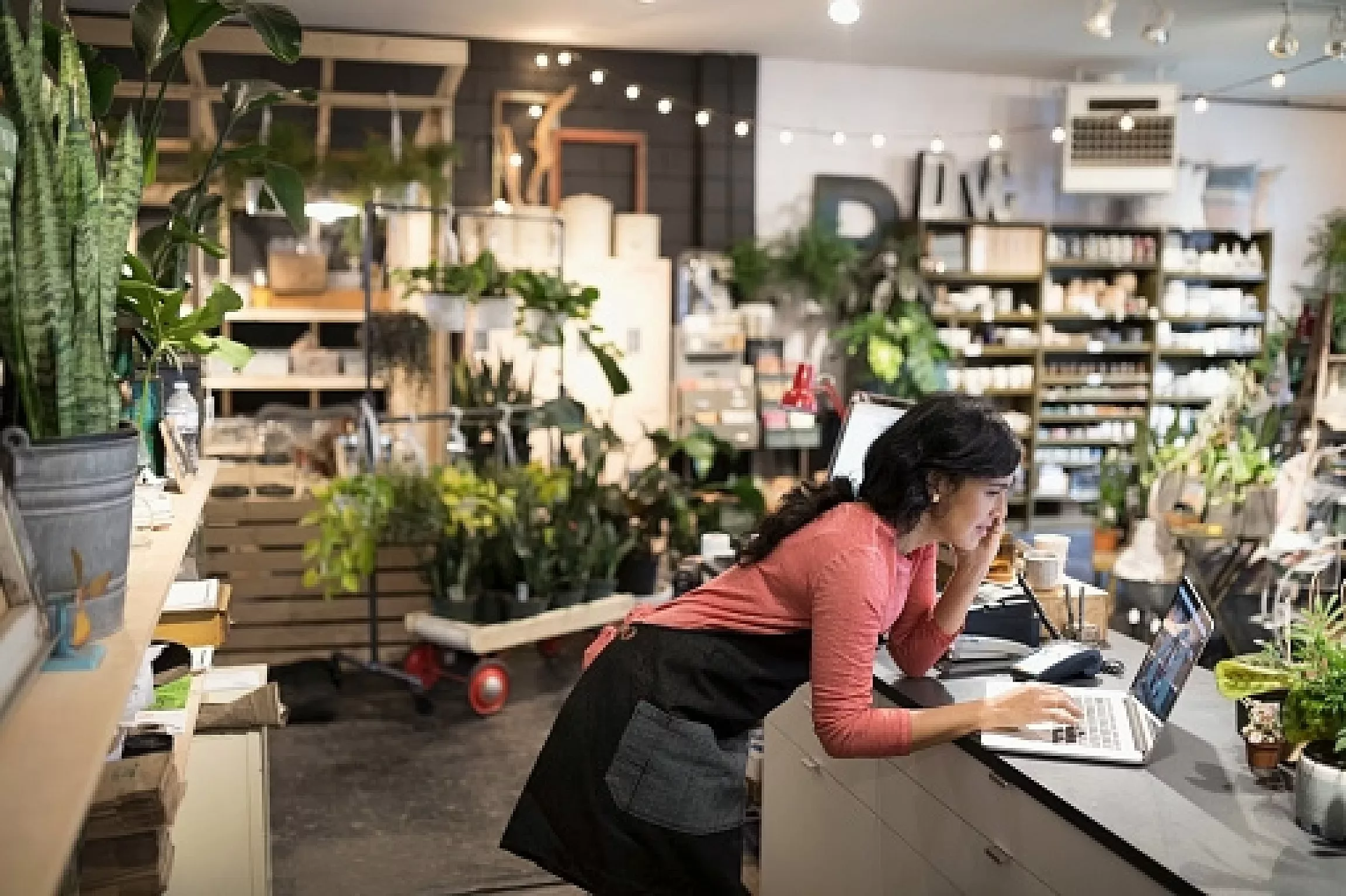 Woman on Computer in Plant Shop jpg