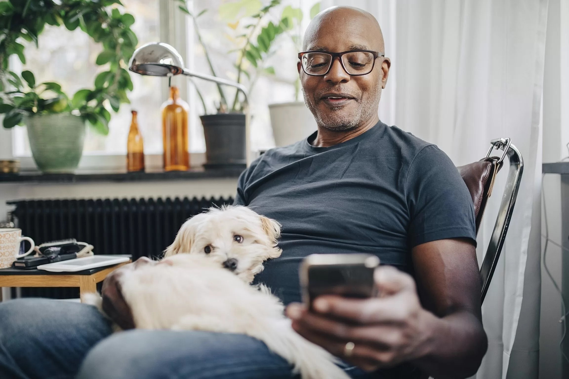 Man with dog on phone new