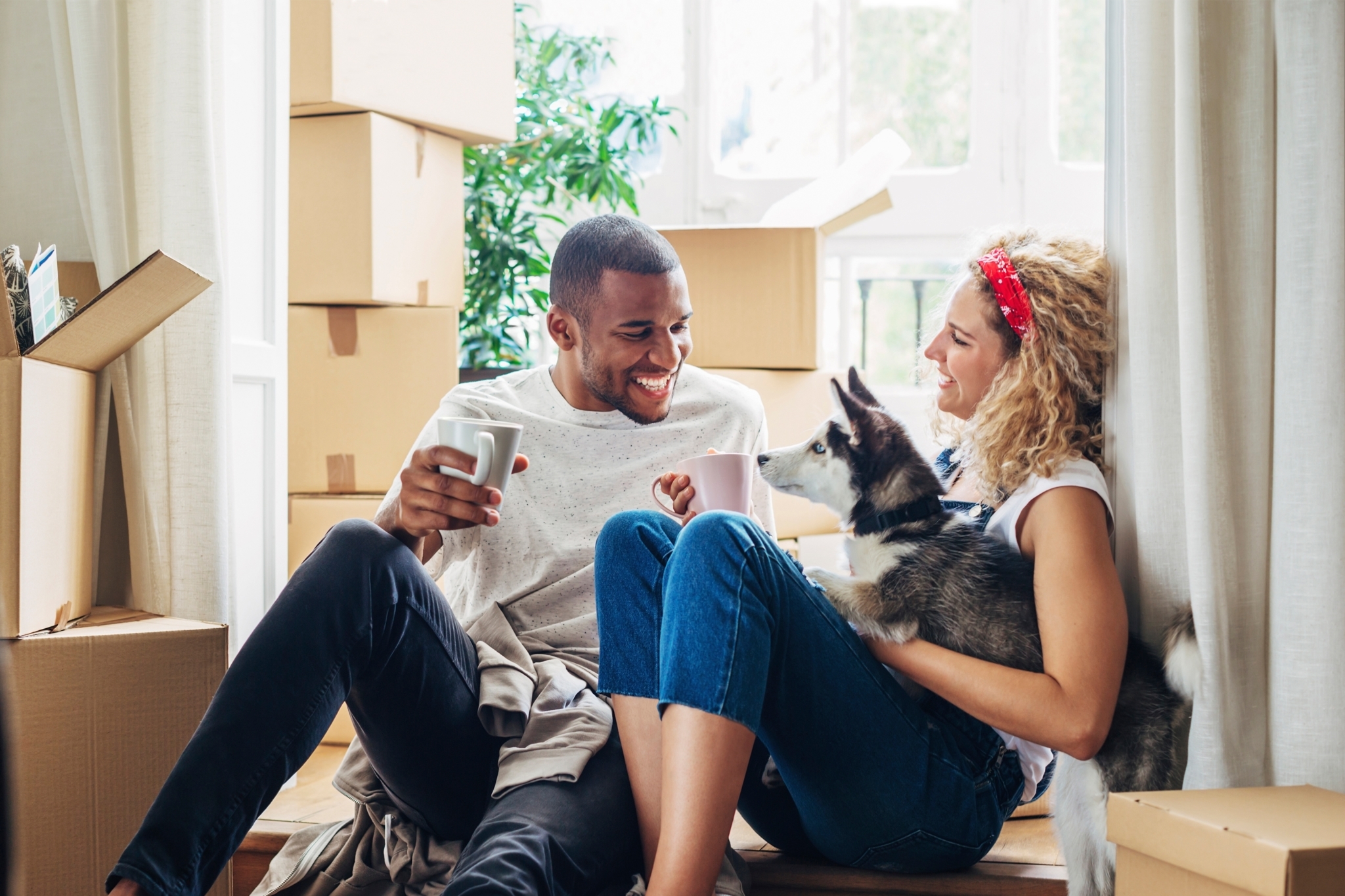 Moving couple with dog